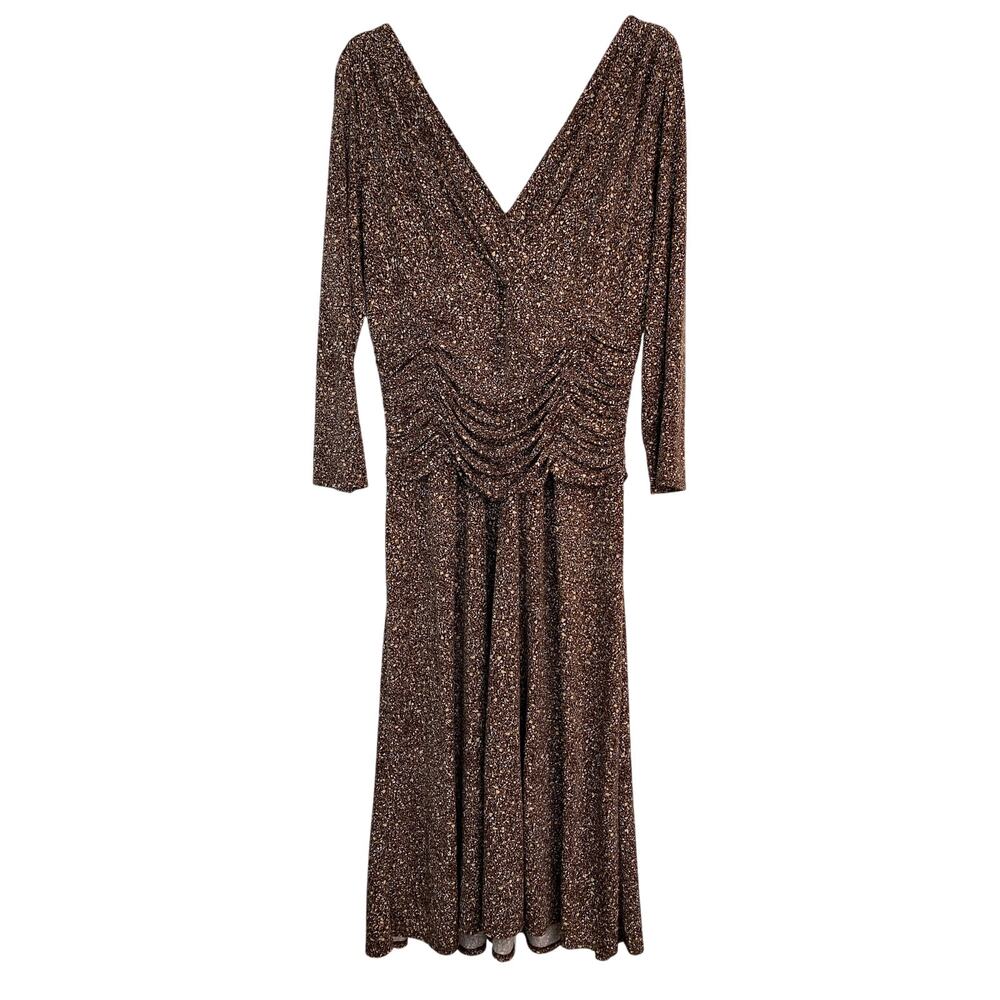 Suzi Chin Maggy Boutique Women's 14 Brown Ruched V-Neck Stretchy Midi Dress *‎